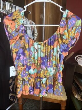 O'Neill Floral Smocked Peplum Top - Orange, Purple, Aqua